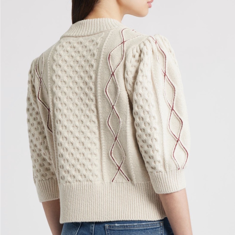 Rails Cream Cable Knit Sweater Burgundy Diamond Stitch Puff Sleeve Knit Top S - Picture 6 of 11